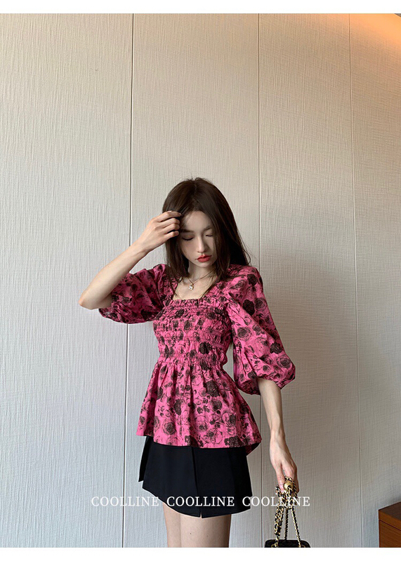 "X · H STUDIO" romantic rose printed square collar bubble sleeve shirt 7998# OZQ