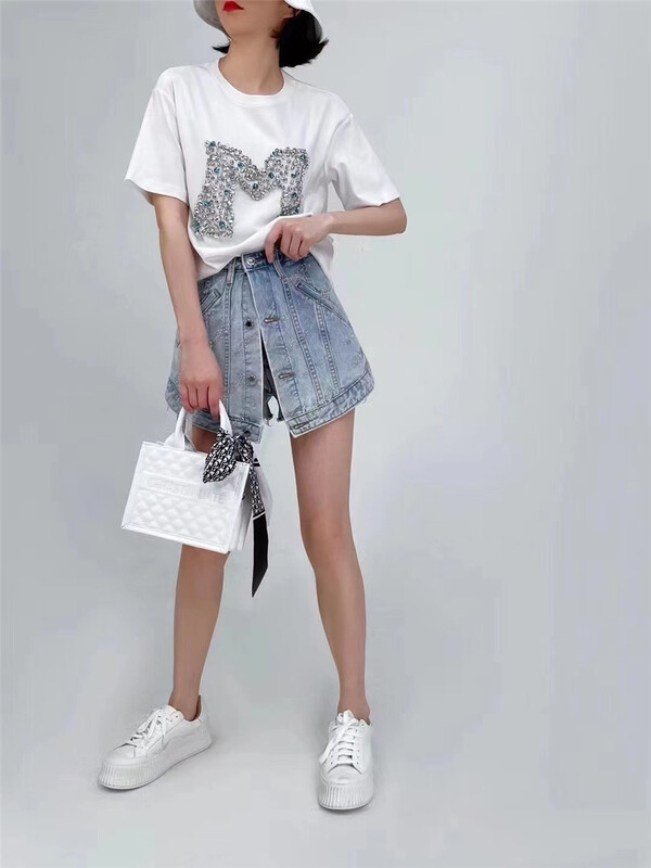[Eric] letter M nail bead short sleeve T-shirt (T-shirt only) 2008# ozq