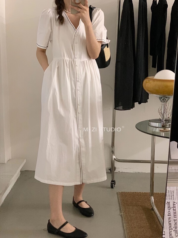 [m.zi studio] Korean color contrast edge breasted bubble sleeve dress 6919# HBx