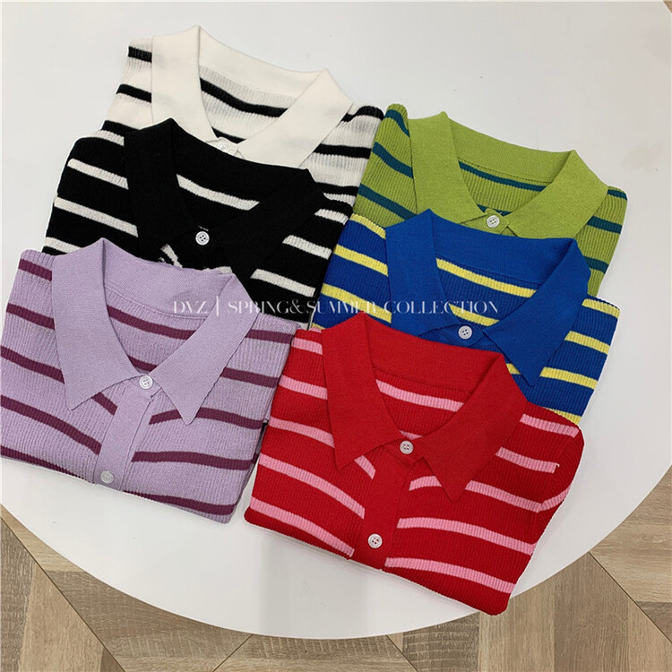 [dvz] Korean Polo neck stripe contrast knit 2402# zxx