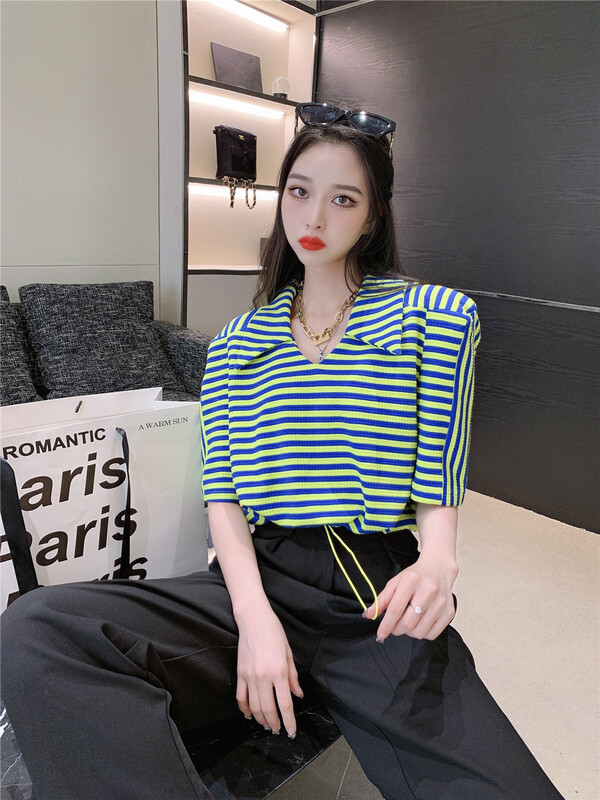 New in early summer! [shuilifang] striped Korean aging fashion shirt (excluding necklace) 8113# LSL