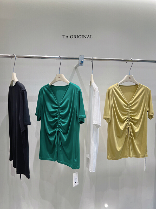 [TA] drawstring pleated V-neck front slit short sleeve T-shirt c10939# ll