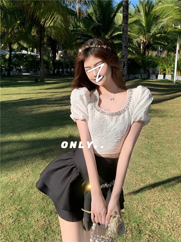 New in early summer! [only] square neck bubble sleeve Vintage jacquard waistband small shirt 1823# JJ