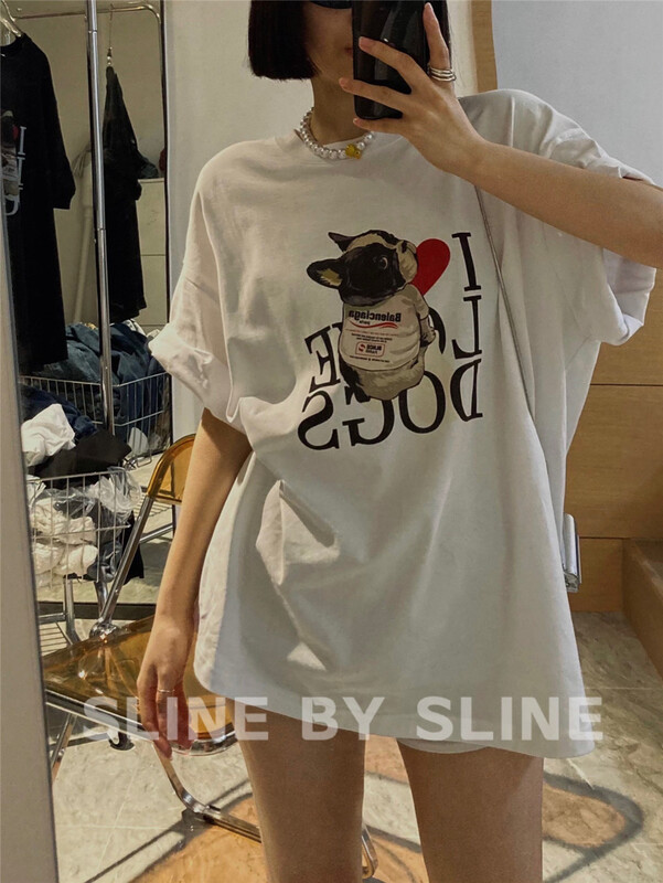 [sline by sline] Dog Print loose short sleeve T-shirt 81127# zxl