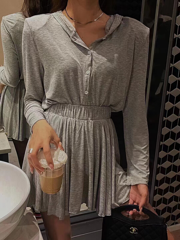 [I do do] hooded single breasted jacket + elastic waist simple casual skirt suit 8090# cqw