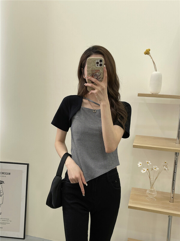 New year in early spring! [six plus] Korean sexy fake two piece short sleeved versatile blouse ys1-8008# CLS