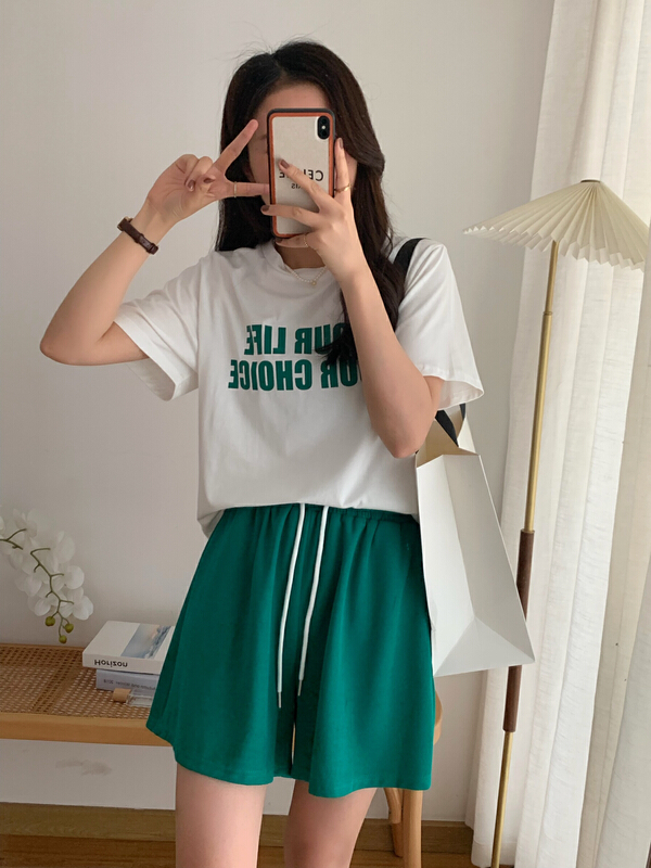 New in early summer! [victory. 2] Korean alphabet short sleeve T-shirt + loose wide leg casual Shorts Set b156# WPL