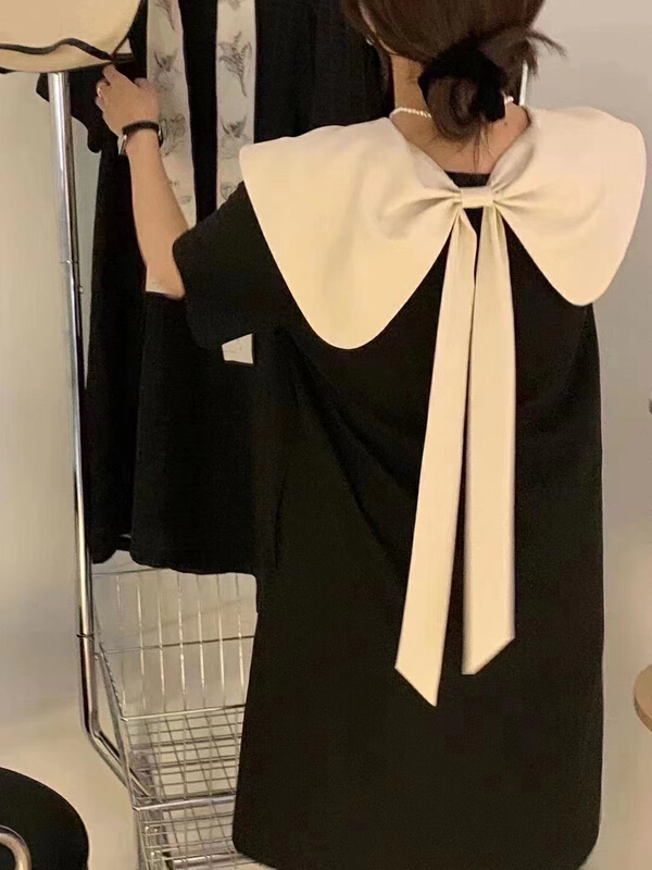 [Hello] Korean color contrast large lapel back bow decorative dress ys-6351# lwy