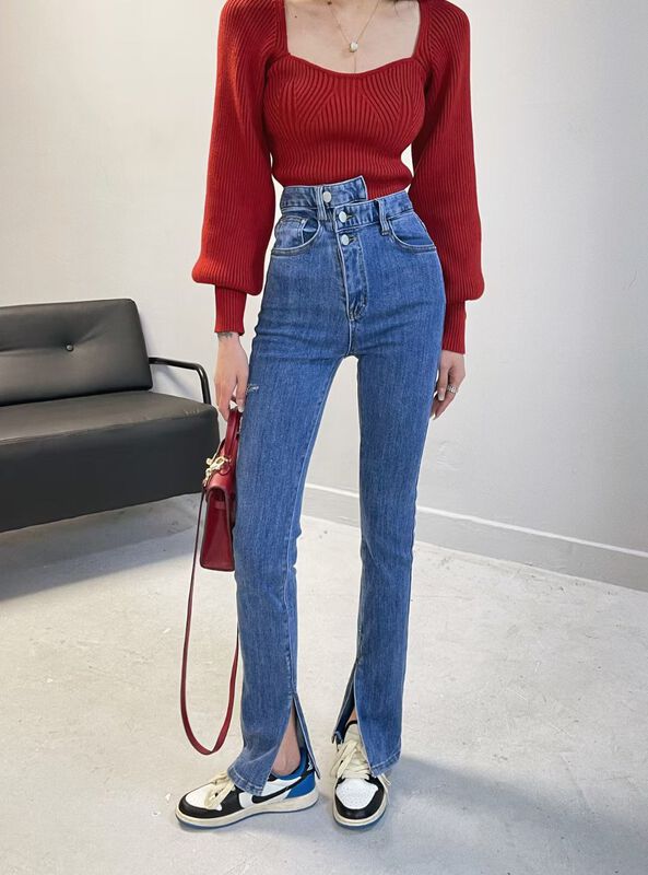New year in early spring! [x2 fansiyu] Korean version irregular waist split elastic jeans 10022# WTT