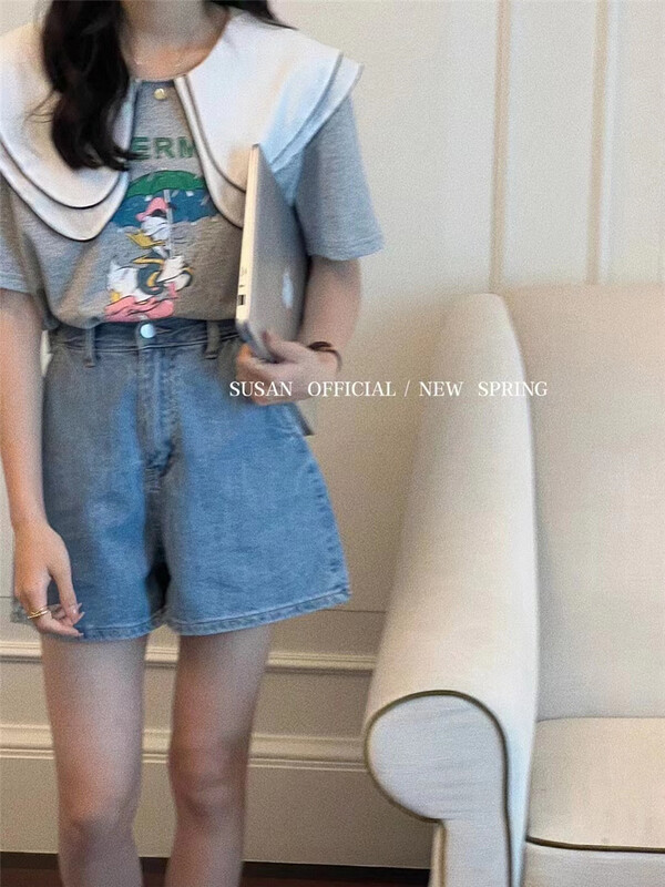 New in early summer! [Susan] double layer big Lapel cartoon Donald Duck short sleeve T-shirt s699# LSW