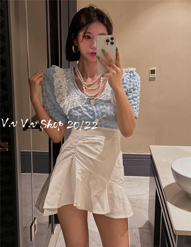 New in early summer! [v.v] temperament lace Lapel shirt 7113# cqw
