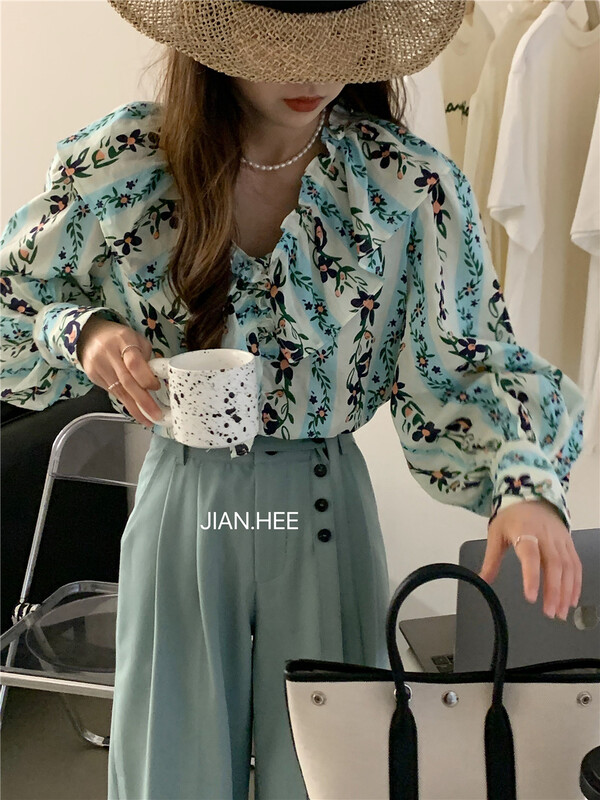 New in early summer! [Jian hee] Korean lotus leaf collar pleated shirt 2287# ozq