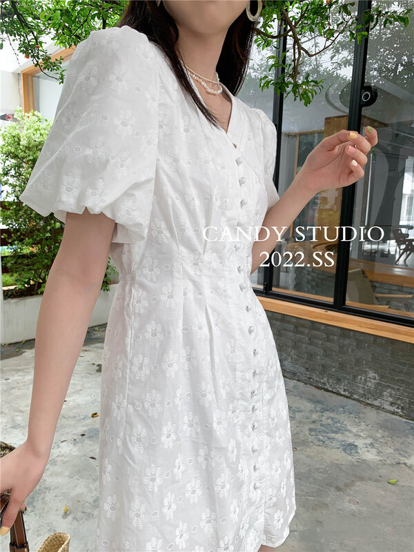 [candy] Korean lady bubble sleeve V-neck dress b7317# zjy
