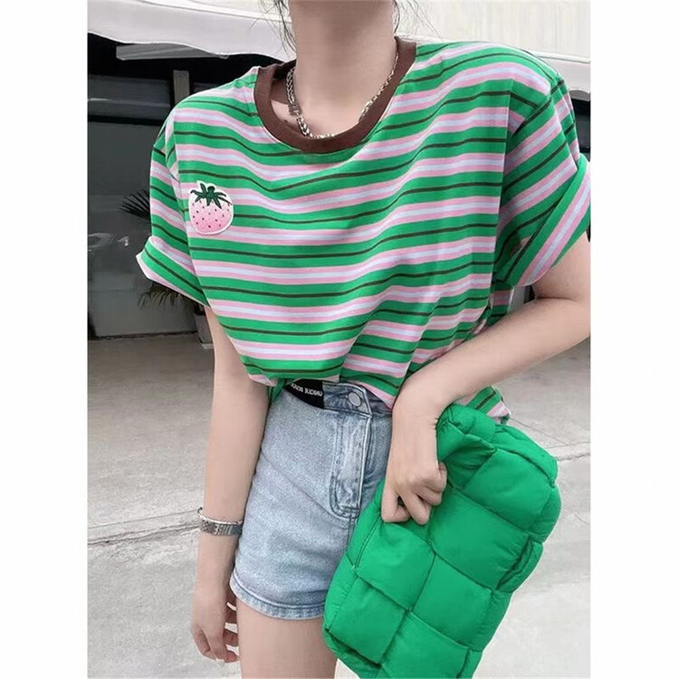 [CC +] Korean stripe comfortable short sleeve T-shirt 8368# L