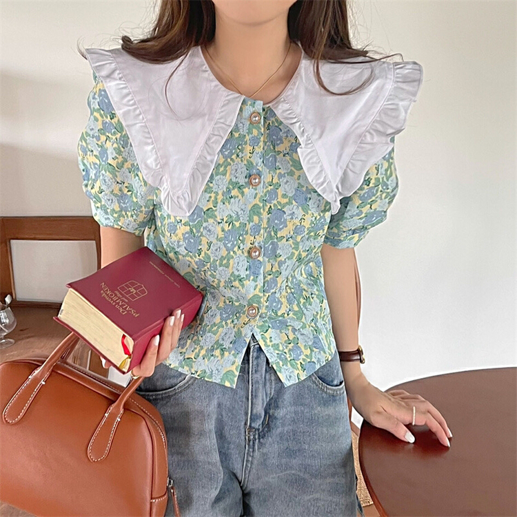 [yes] flounce stitched floral minority shirt 33036# ozq