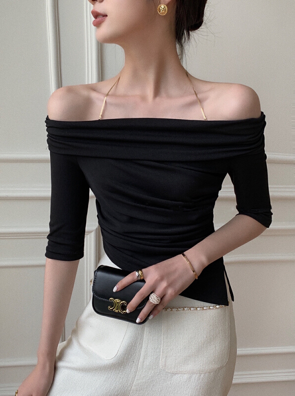 New year in early spring! [only] pleated design off shoulder irregular short sleeve T-shirt 569# JJ