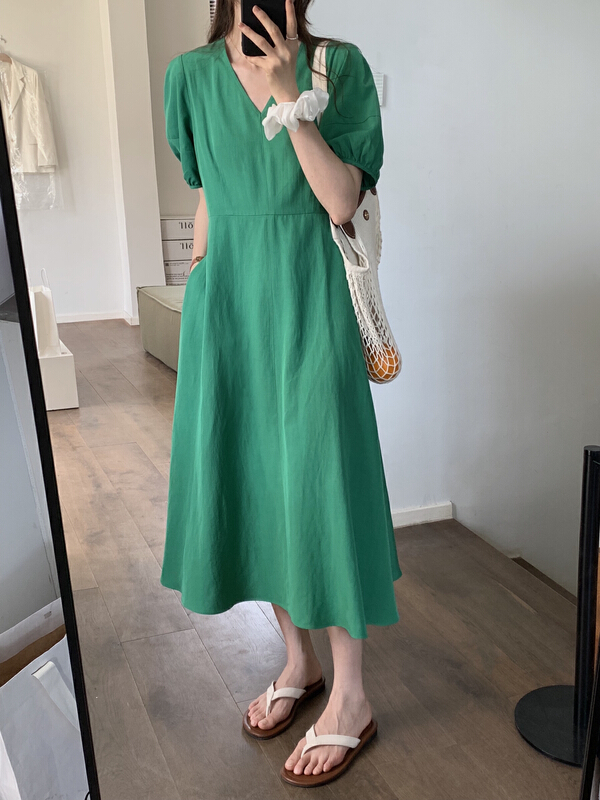 [T.G] Korean version simple V-neck short sleeve dress 17385# cqw