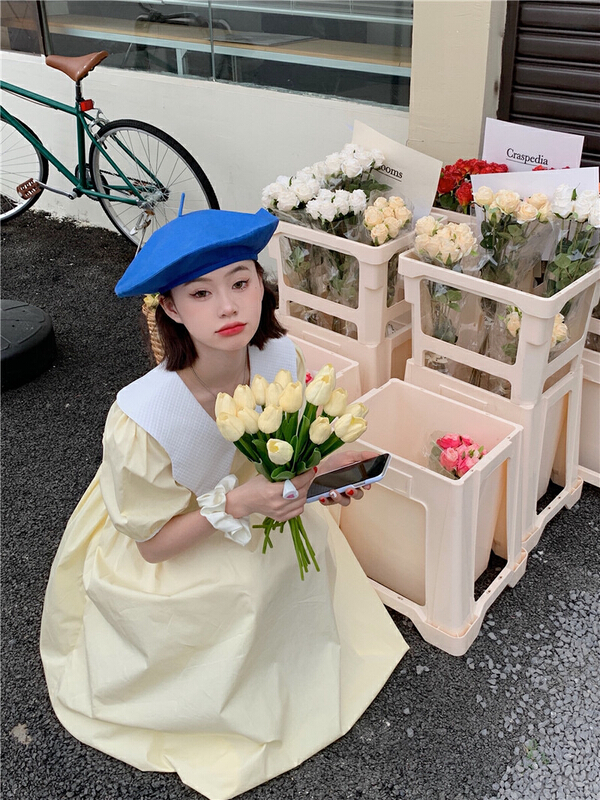 New in early summer! [dolly] contrast color doll neck temperament Platycodon bubble sleeve medium length dress 1060# LSW