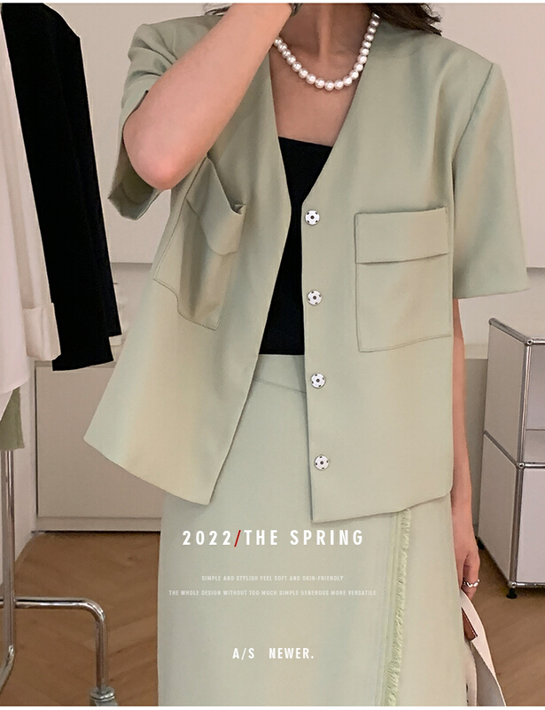 [the mind] solid color V-neck Korean short coat 60267\xyj