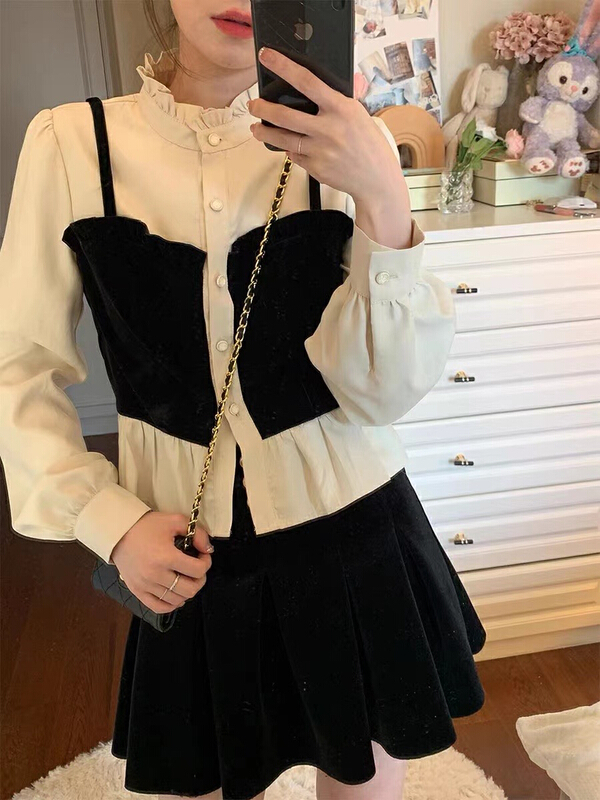 [oin] French stand collar velvet stitching shirt 0230# HBx