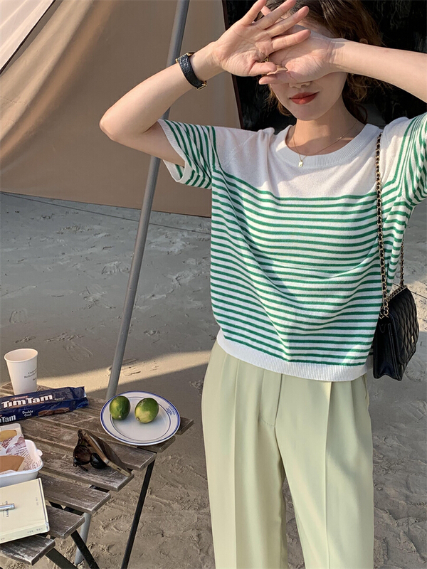 [about me] crew neck stripe breathable fashion sweater 229015# cqw