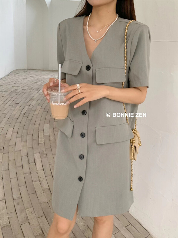 [Bonnie] V-neck single breasted fashion dress 2327# XYJ