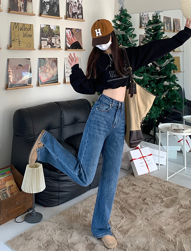 New year in early spring! [timely rain] Han Feng ins contrast color pocket water wash high waist thin split straight jeans 00019# jhy