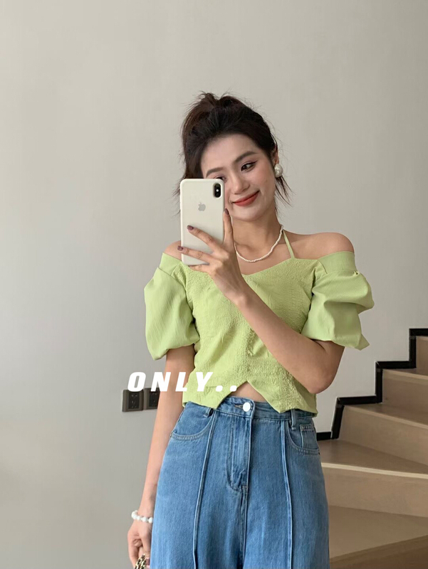 [only] square neck design hanging neck bubble sleeve short shirt 1885# JJ
