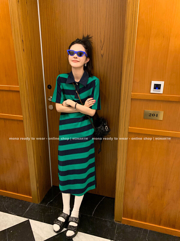 New in early summer! [x · h studio] Short Sleeve Striped Polo neck medium length dress 06090# ozq