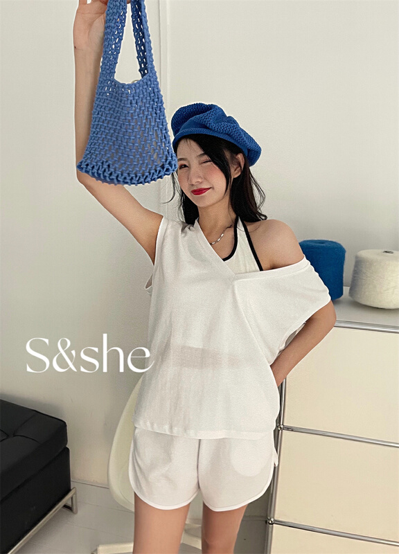 [S & she] Korean loose waistcoat + short color matching suspender vest set 1187a# XJ