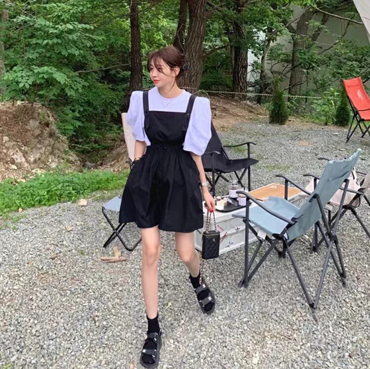 [mi ni] age reducing suspenders + clean color versatile short sleeve T-shirt set 2853# PCZ