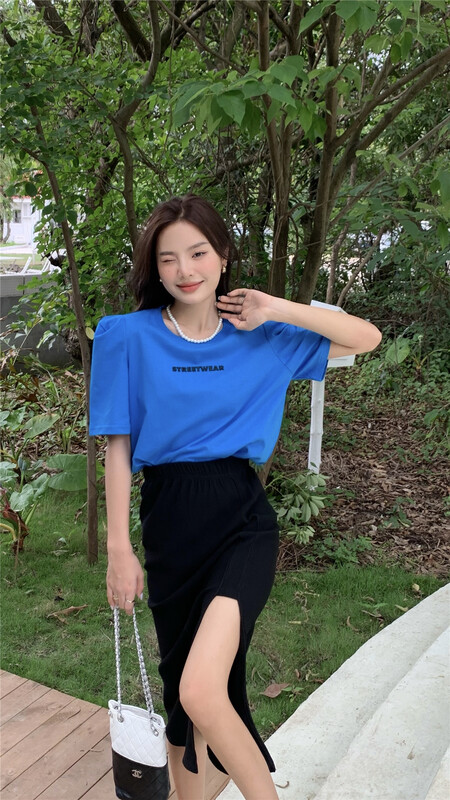 [aenna] Korean alphabet pattern bubble sleeve short sleeve T-shirt 8682# cqw