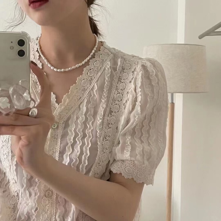 [m.zi studio] V-neck button up lace splicing blouse 5631# HBx