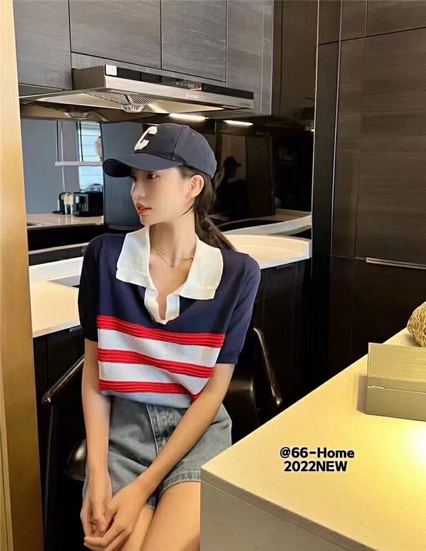 [Hello cherry] polo collar color contrast stripe sweater 6520# WTT