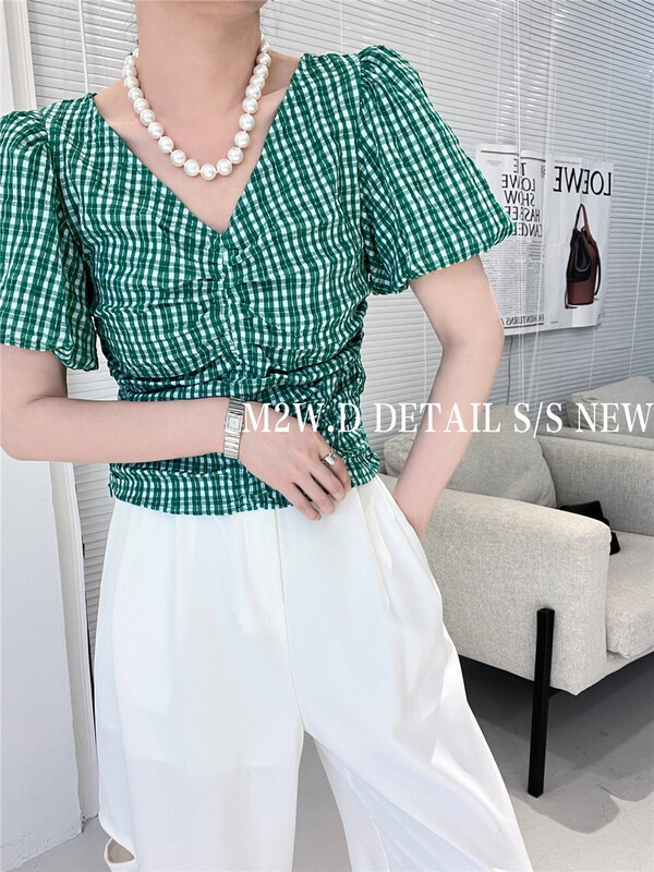 [m2w. D] V-neck Plaid pleated shirt 11787# ozq