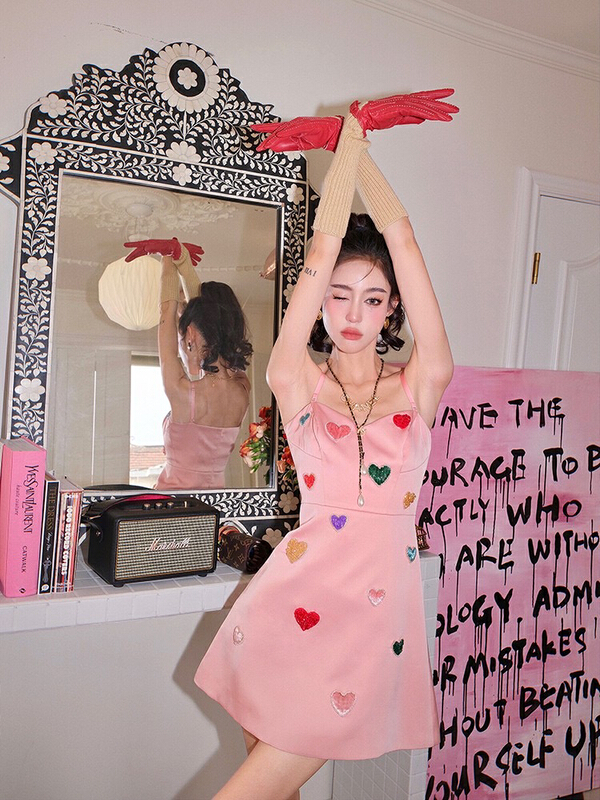 [millet +] colored peach heart Handmade Beaded slim dress 1023# WPL