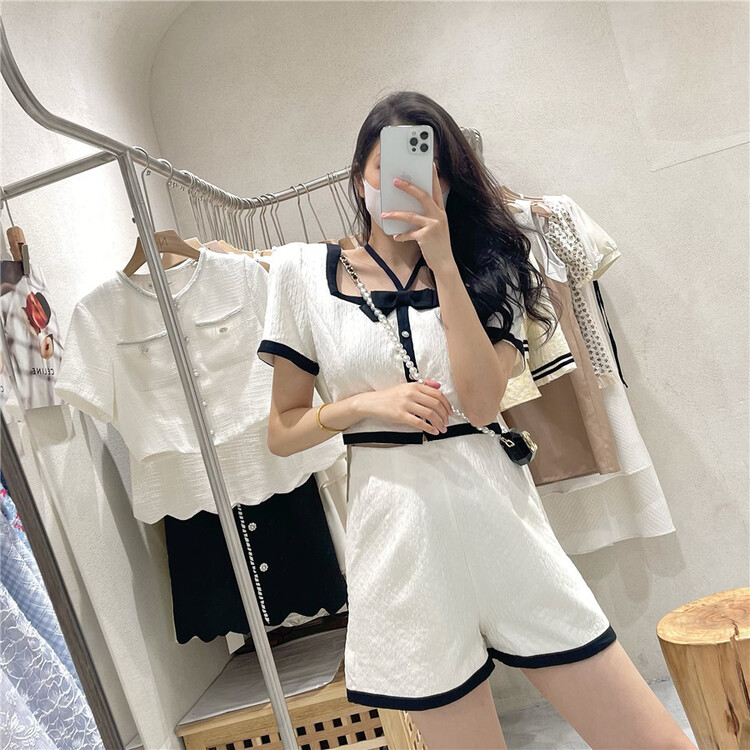[NC Editio n (new color] Square Neck Shirt with contrast color border + casual Shorts Set (without bag) f9265\zxx