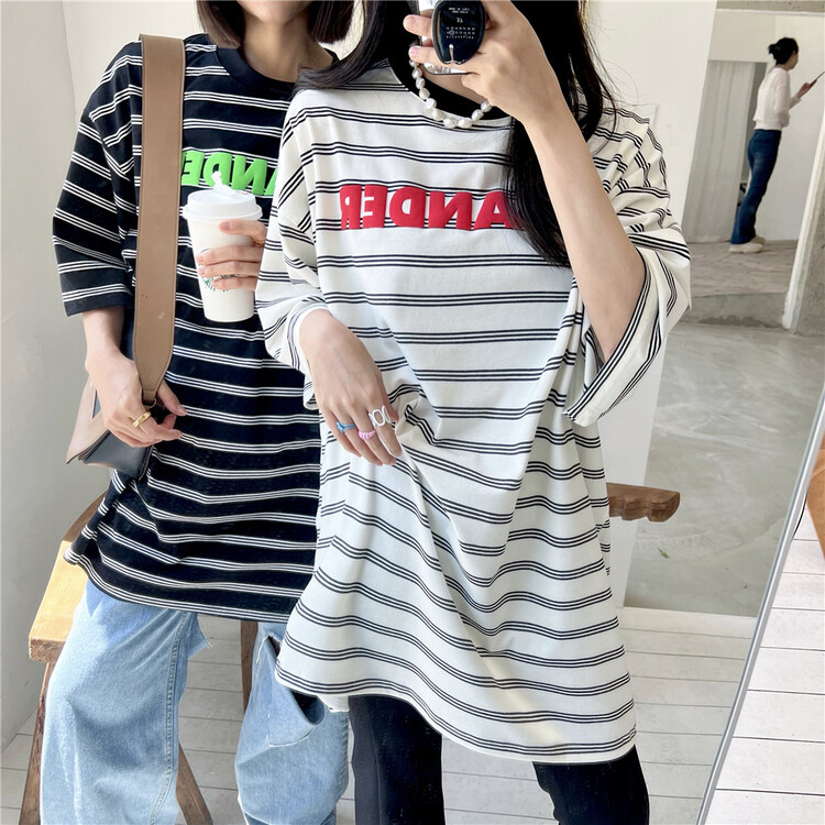 Buyers keep it for themselves, men and women wear it together! [just soso] Korean style Japanese stripe versatile letter short sleeve T-shirt 6936# CLS
