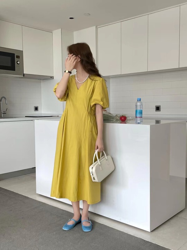 [feeding] Korean solid color loose V-neck bubble sleeve dress 8898-a6# cqw