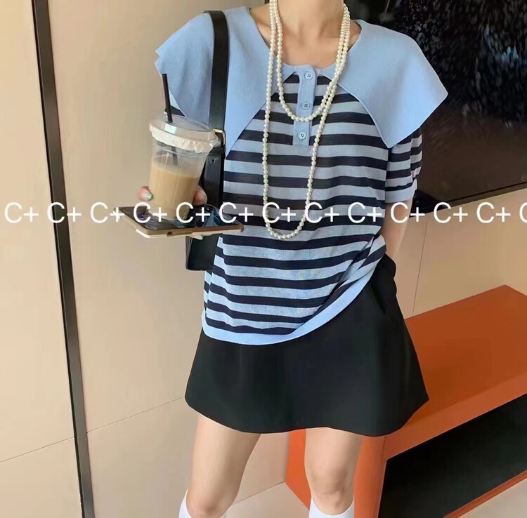 [an studio] college style Lapel stripe short sleeve sweater 6656# L