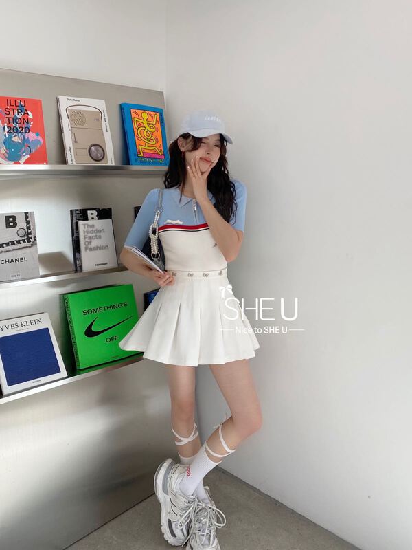 Original price 73.32! [she u] sporty color blocked bow polo shirt c80115# cqw