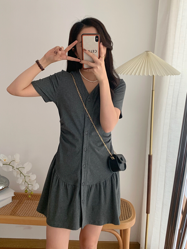 [victory. 2] Korean solid color waist closing breasted dress b77# WPL