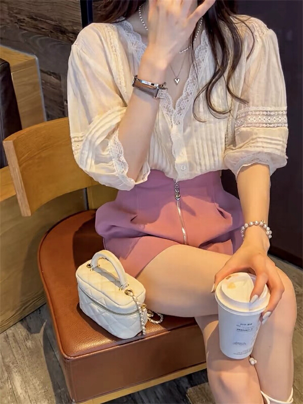 [jun.t] sweet V-neck shirt + high waist casual Shorts Set 6060# PCZ