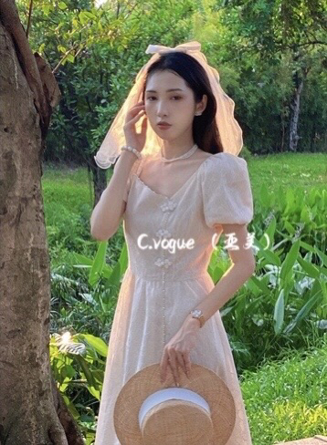 [c.vogue] French retro woods gentle pearl embroidery dress 2356# PCZ