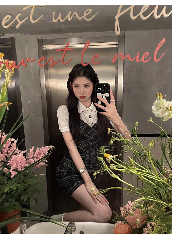 [Hello Miss] simple shirt + suspender Plaid Dress two piece suit 8195# PCZ