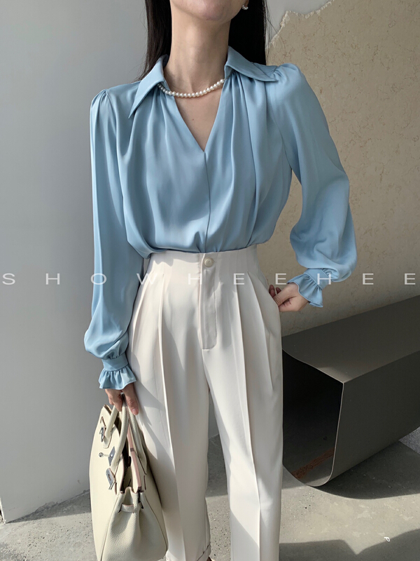 New year in early spring! [xiuxixi] versatile commuter Lapel shirt (with pearl chain) 7930# zxx