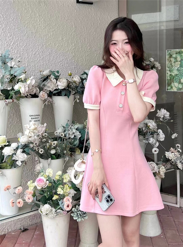 [Linna] Korean sweet bubble sleeve waist dress (with bow) 124592# zxx