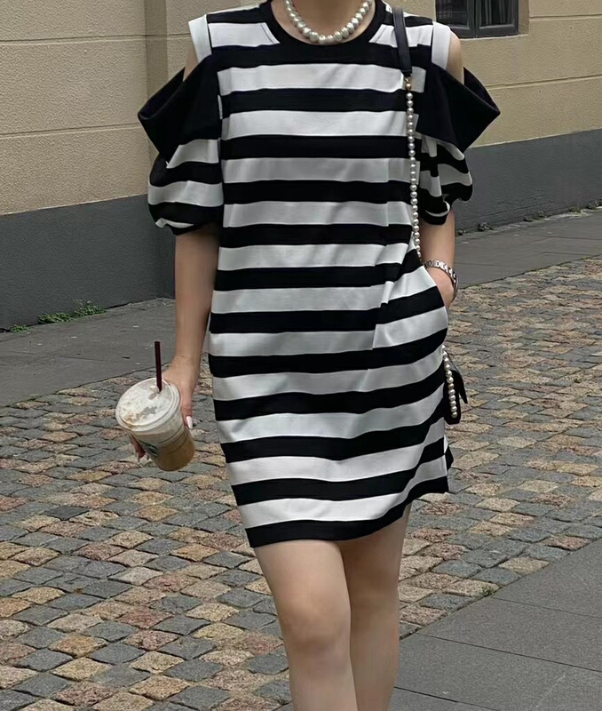 [JH] off shoulder striped loose dress (without matching) 41724# PCZ