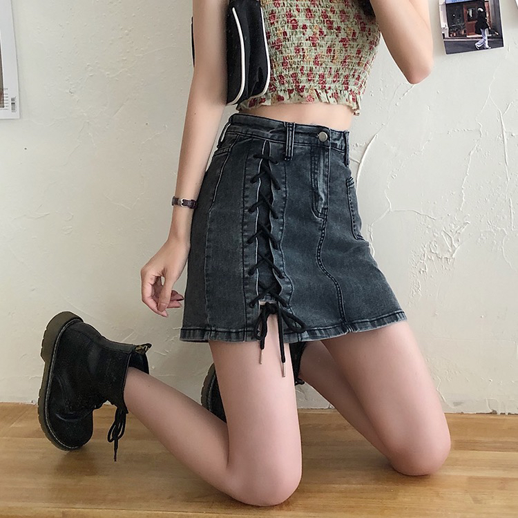 New in early summer! [four seasons] Korean bandage elastic denim Hip Wrap Skirt 8357# LSL