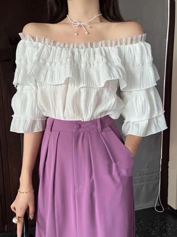 [lucky] fairy shaped shoulder lotus leaf edge blouse 8798# zxx
